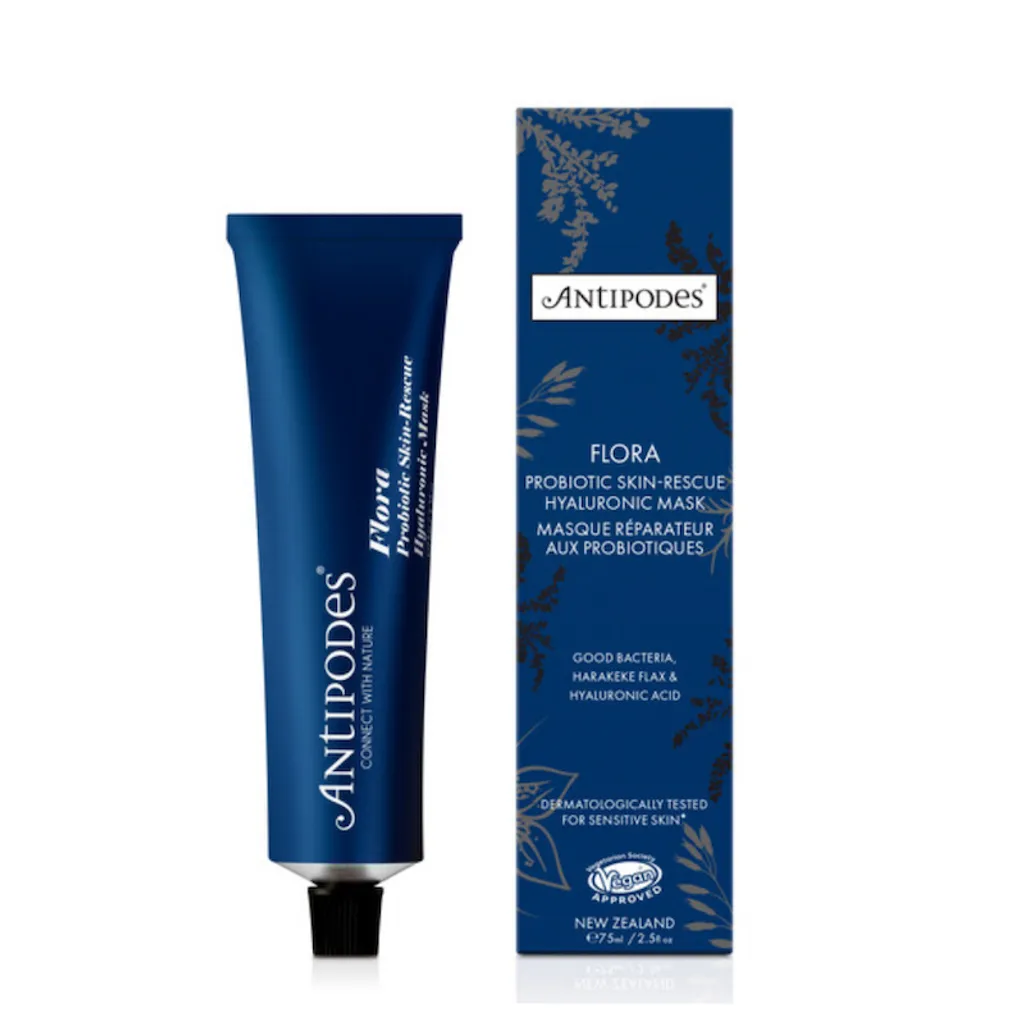 Antipodes Flora Probiotic 益生菌面膜 75ml，含 Kalibiome 益生菌、植物性玻尿酸與 Harakeke 紐西蘭亞麻，舒緩敏感肌膚、減少發紅並提供深層保濕。