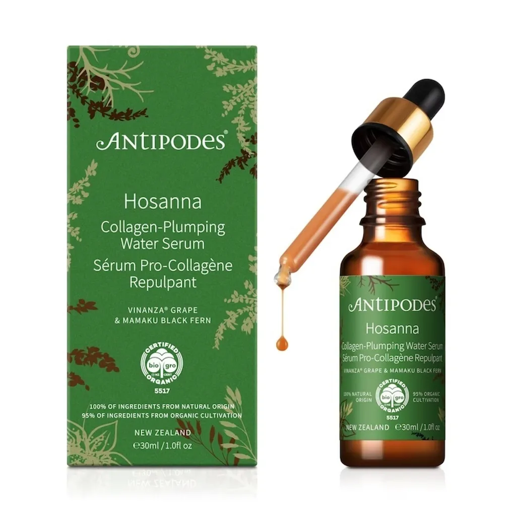 Antipodes Hosanna 天然有機瑪瑪庫深層補水精華 30ml，含瑪瑪庫黑蕨與 Vinanza® 葡萄萃取，補水保濕、刺激膠原蛋白生成，適合所有膚質。