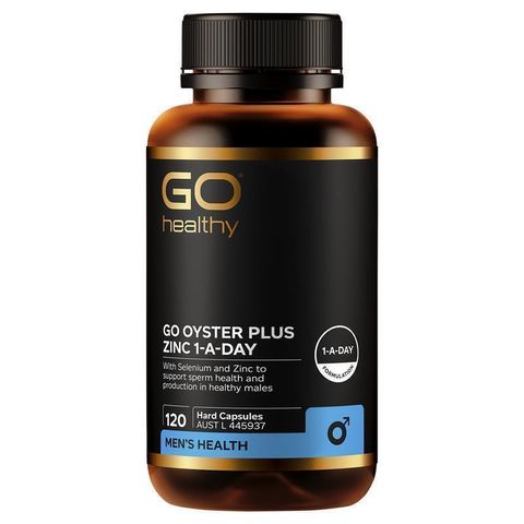 Go Healthy Oyster + Zinc 生蠔+鋅膠囊，含牡蠣粉、鋅與硒，支持男性生殖健康與精子活力，120 粒素食膠囊適合素食者