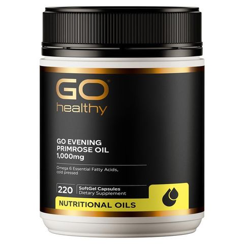 GO Healthy Evening Primrose Oil 月見草油膠囊，富含 Omega-6 γ-亞麻油酸，支持經前健康與皮膚彈性，220 粒裝