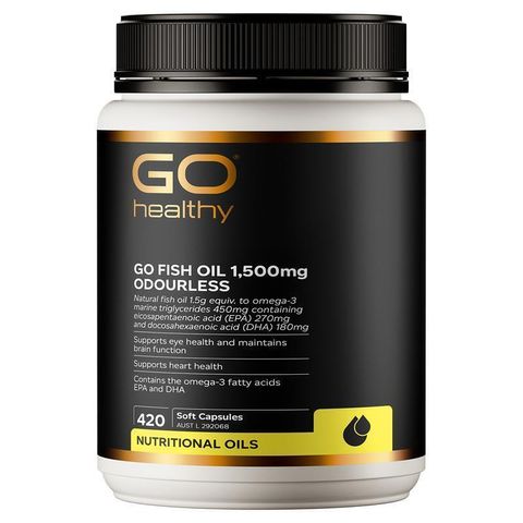 GO Healthy Fish Oil 1500mg 高純度魚油膠囊，富含 Omega-3，支持心血管健康、認知功能與皮膚保養，210 粒裝。