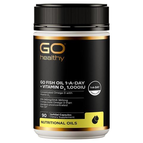 GO Healthy Fish Oil One A Day 3倍濃縮 Omega-3 魚油膠囊，含 EPA 540mg / DHA 360mg 及維生素 D3，支持心血管、關節與免疫健康，90 粒裝。