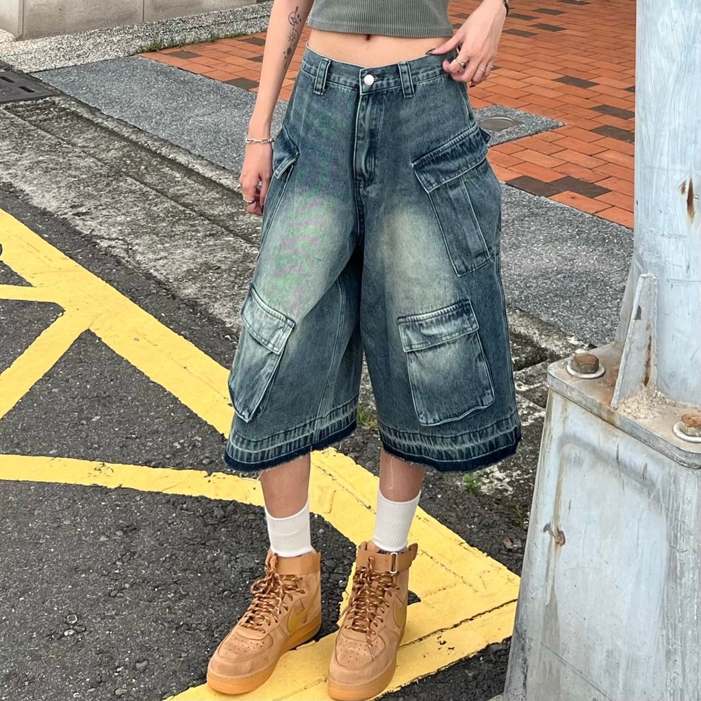 重工水洗七分褲