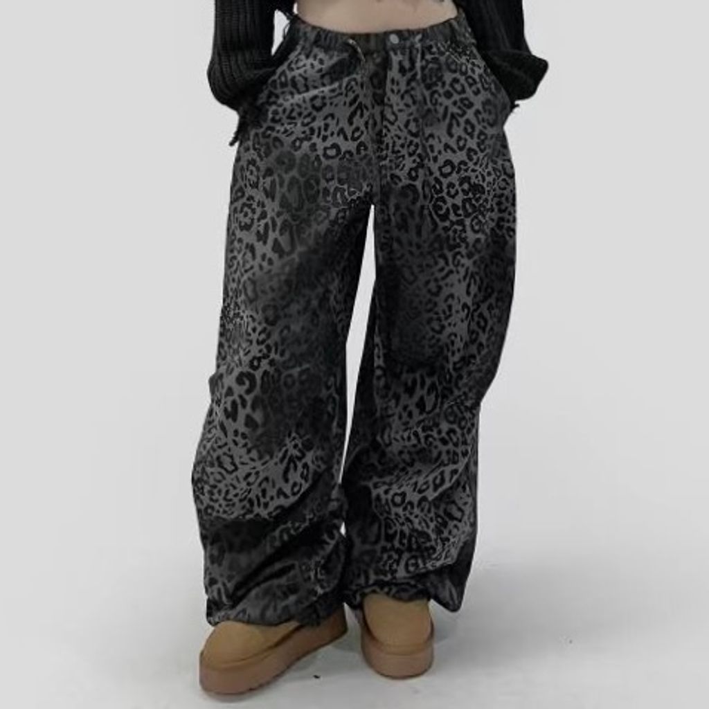 豹紋褶皺抽繩長褲