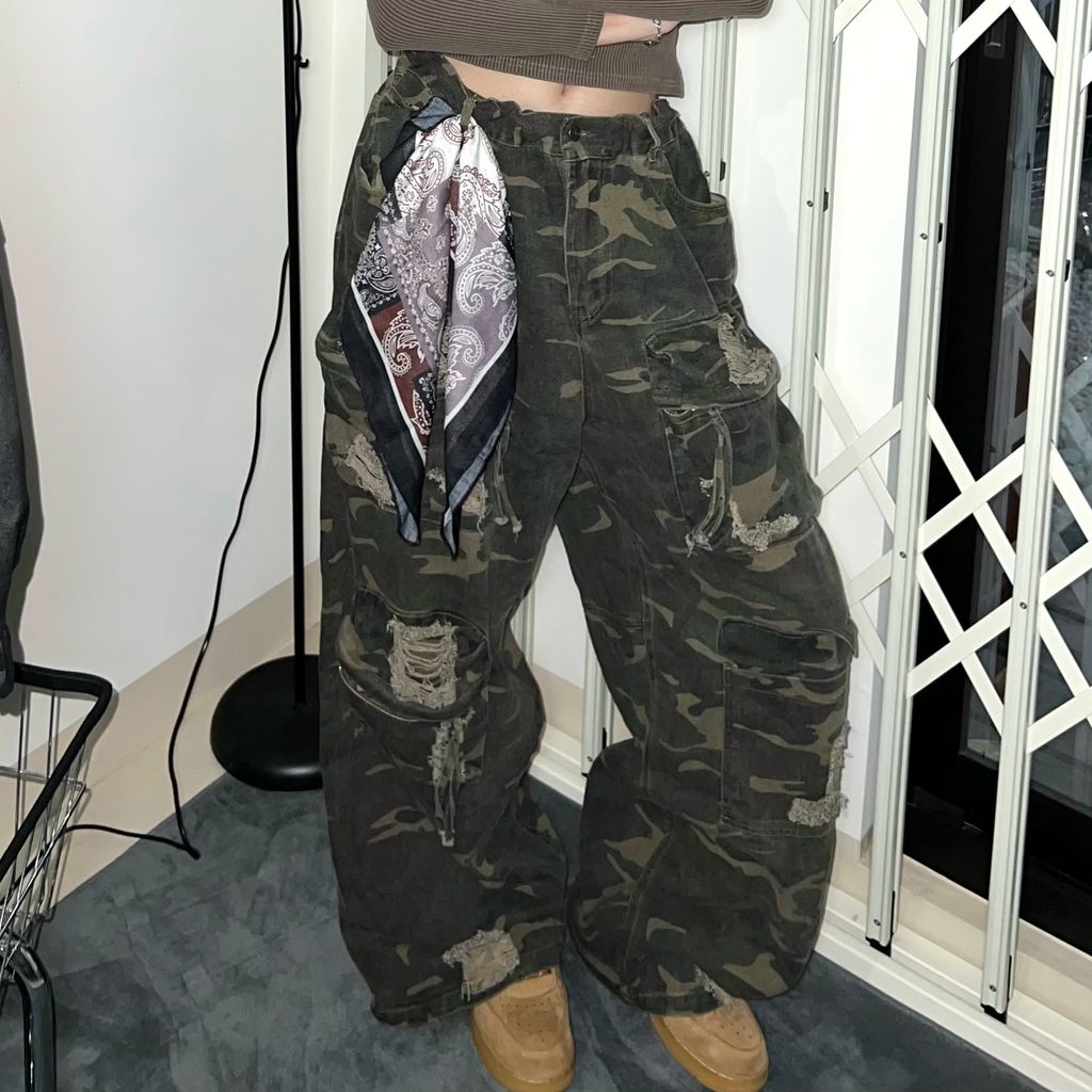 仿舊迷彩工裝牛仔褲