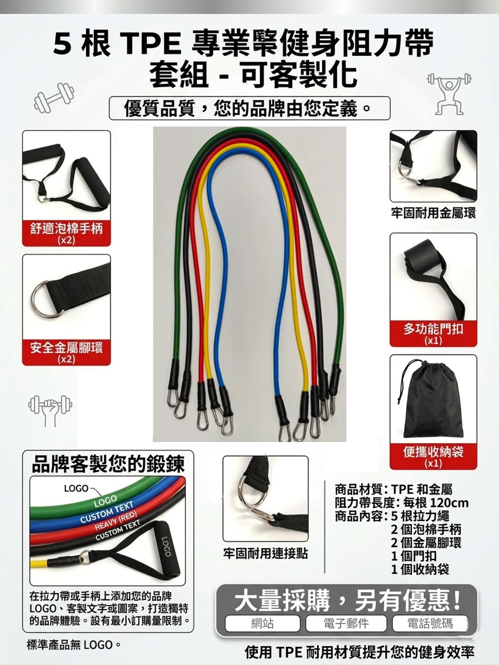 5根TPE運動健身阻力帶套組 可客製化