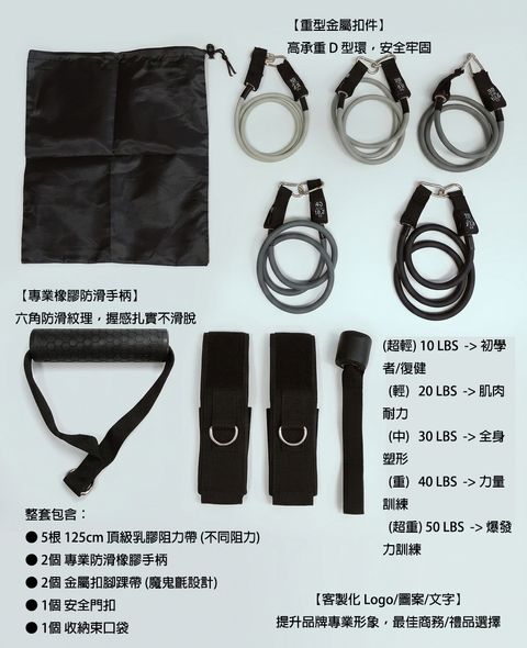 5根乳膠運動健身阻力帶套組 可客製化