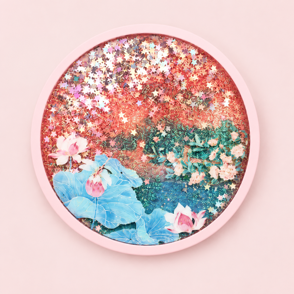 夢幻閃耀蓮花星塵圓形藝術盤