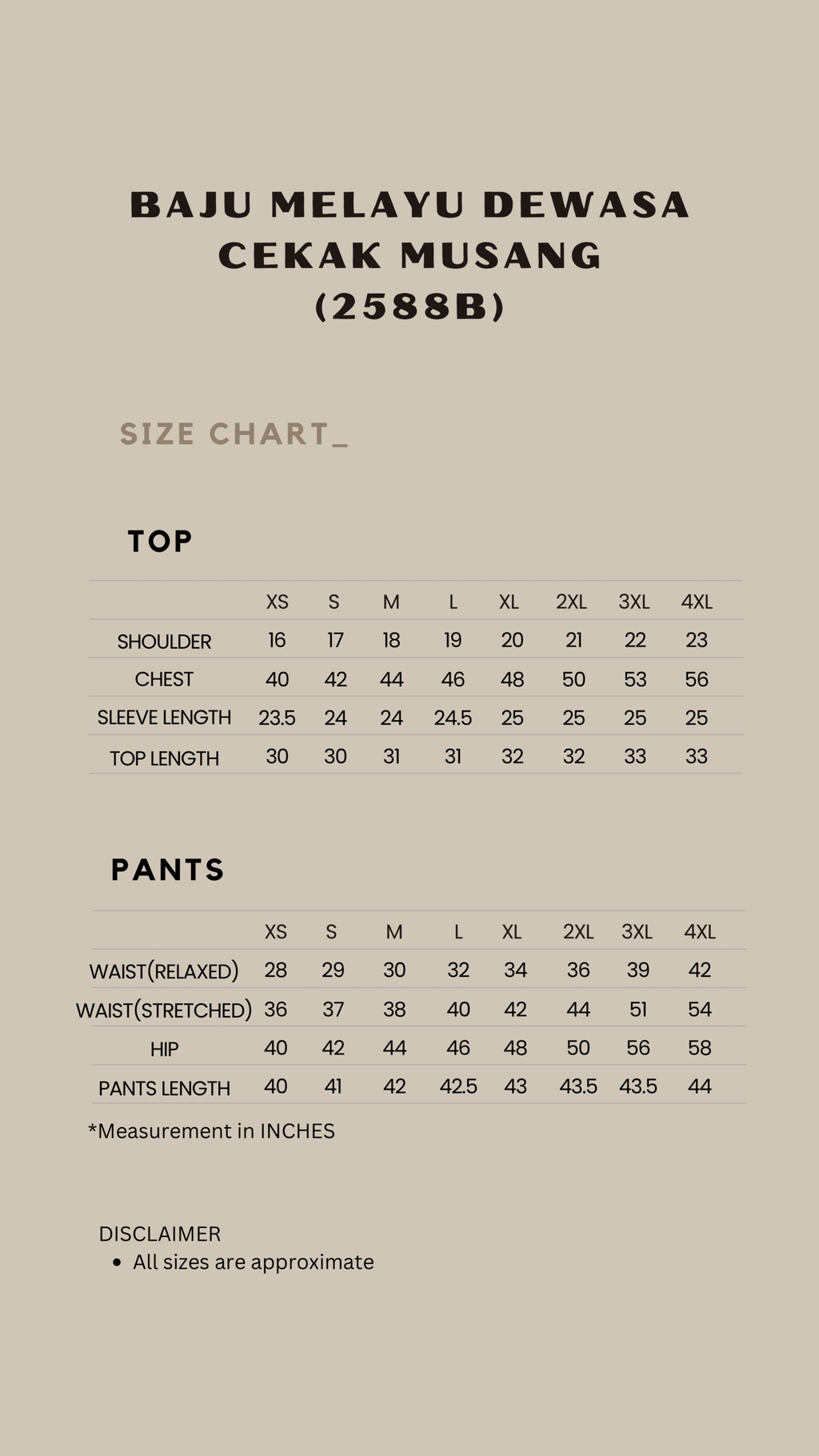 2588B Size Chart