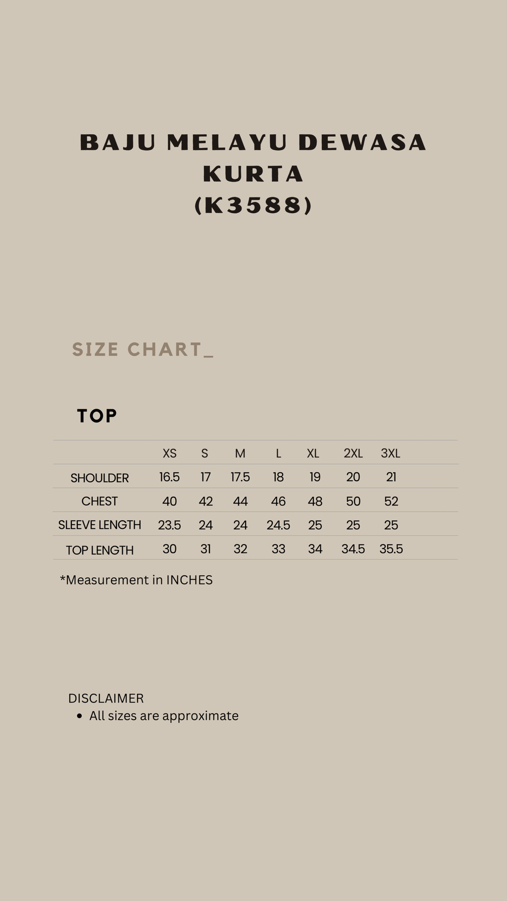 K3588 Size Chart