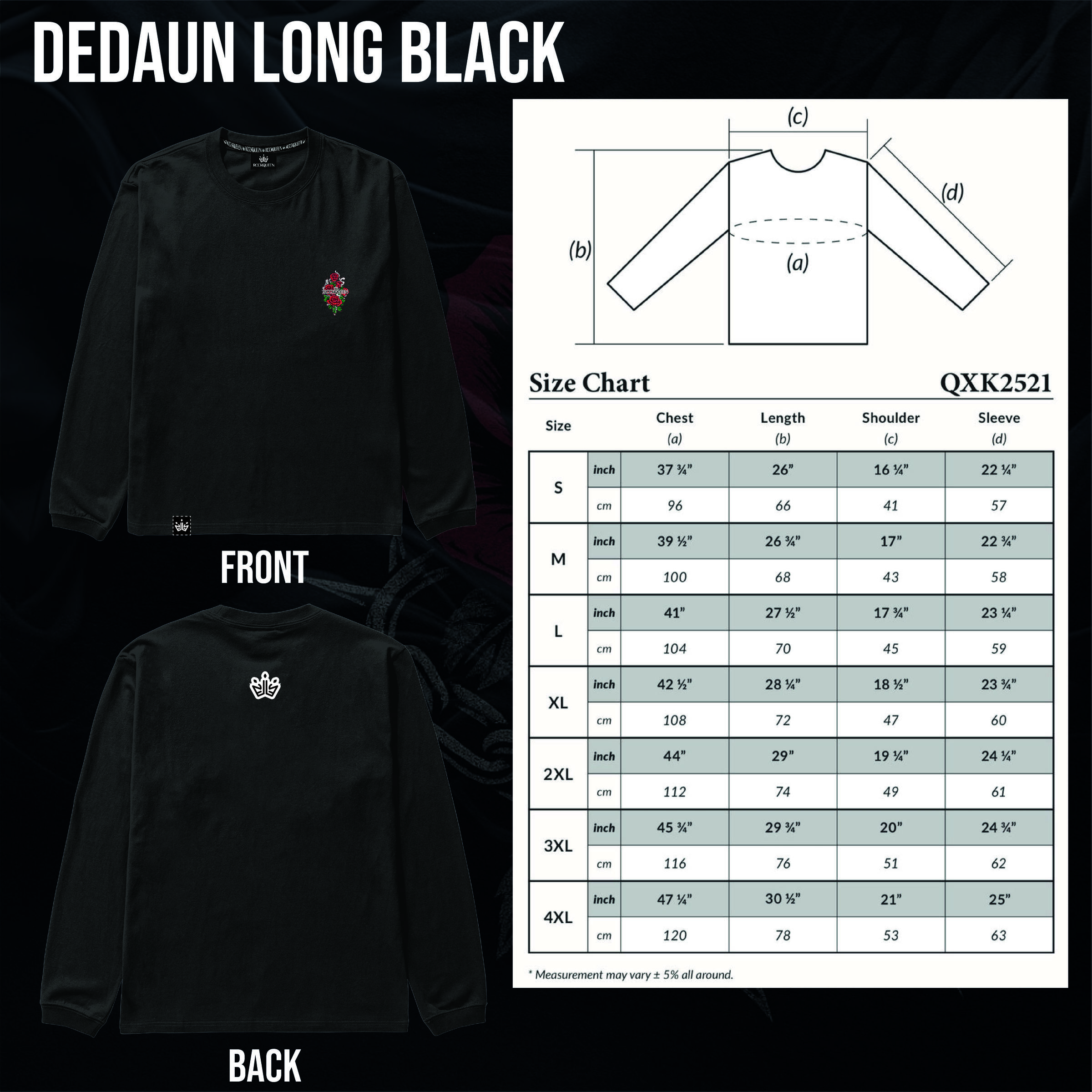 Dedaun Long Black Size Chart