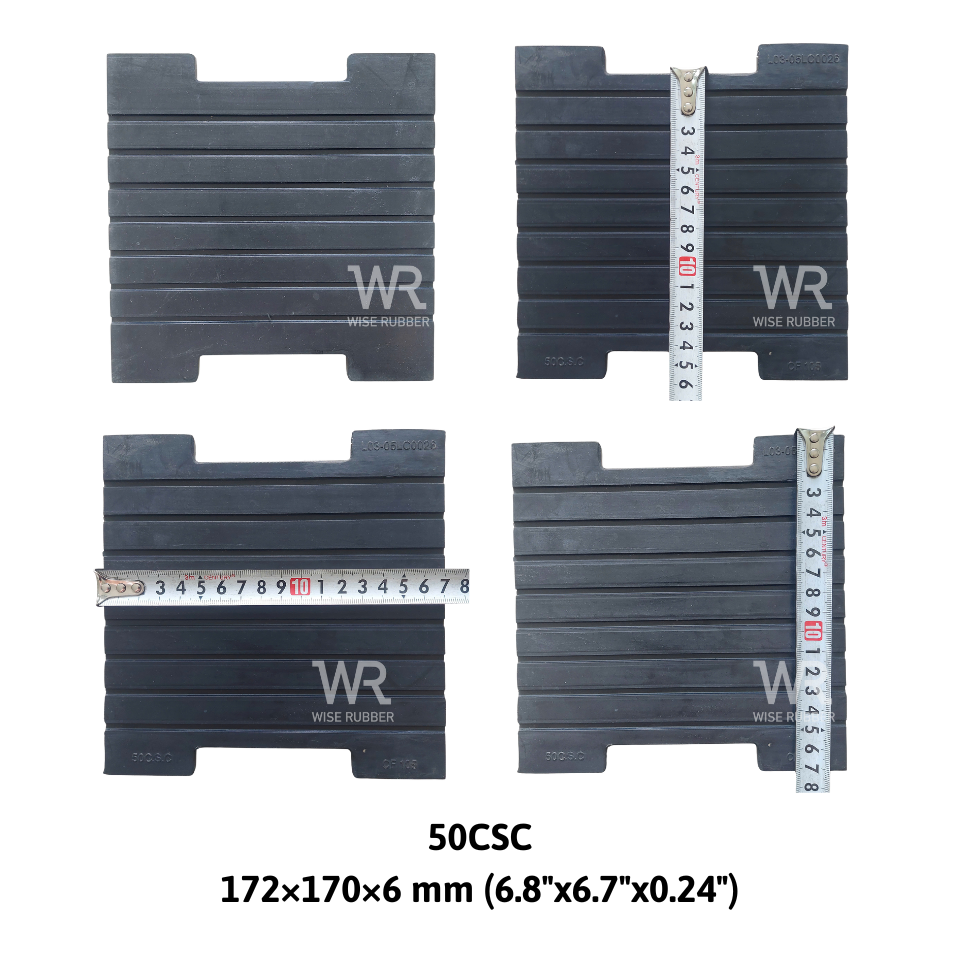 福瑩WiseRubber 50W / 50W107 / 50C / 50CSC 鋼軌墊片適用多種鐵路軌型,減震耐磨效果優異,提供客製化訂單生產。Rubber rail pads for 50W/50W107/50C/50CSC profiles. Durable, shock-absorbing, made to order.