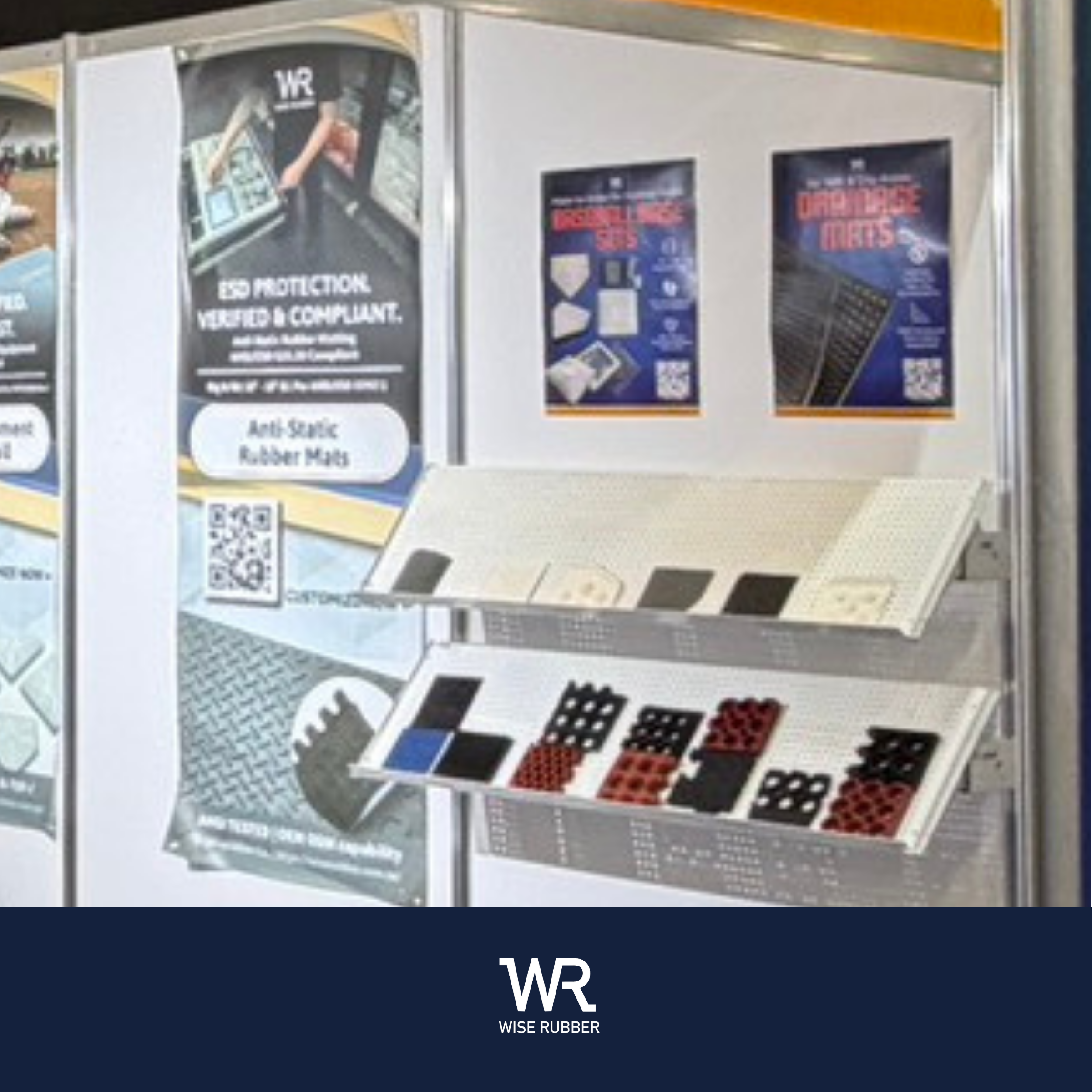 Fire retardant and anti slip rubber mats displayed at Wiserubber trade show booth NHS 2026