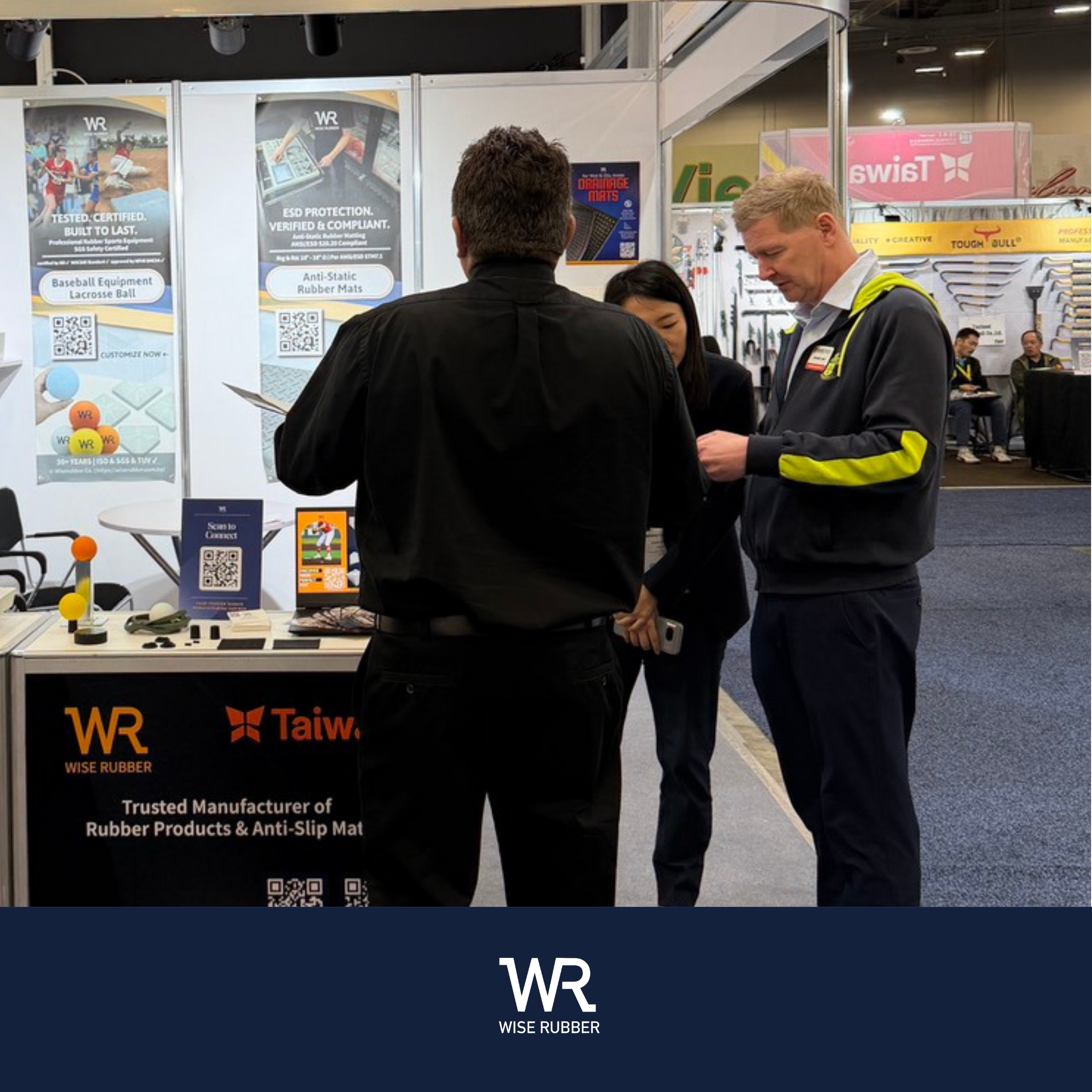 Wiserubber team discussing OEM rubber product solutions with international buyers at NHS 2026