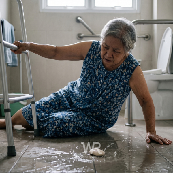 wiserubber-Elderly woman falling in bathroom because slippery surfaces