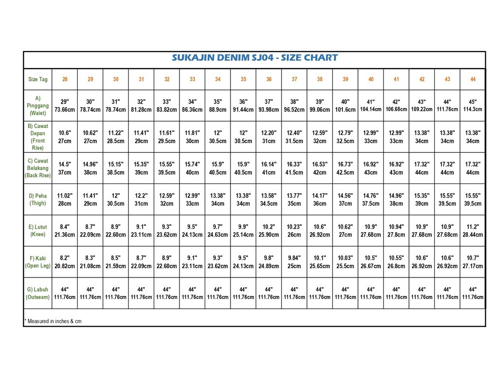 SJ04 - SIZE CHART