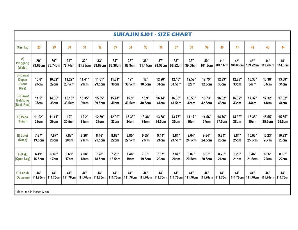 SJ01 - SIZE CHART