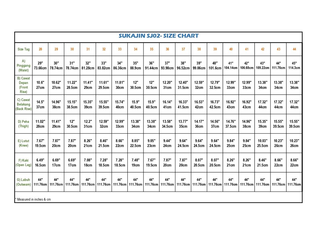 SJ02 - SIZE CHART