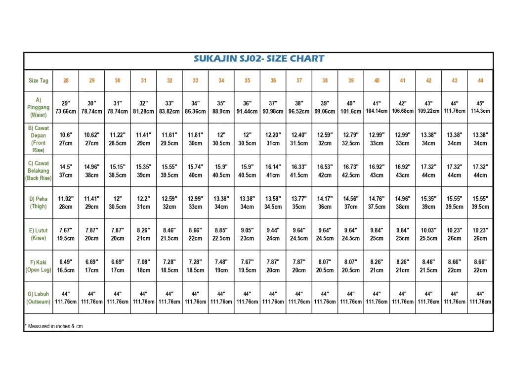 SJ02 - SIZE CHART