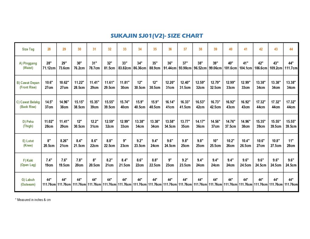 SJ01(V2)- SIZE CHART