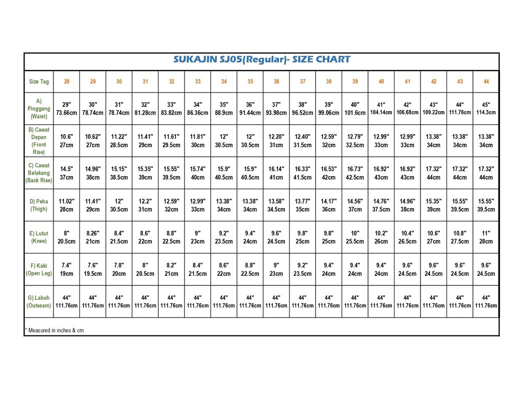 SJ05 SIZE CHART