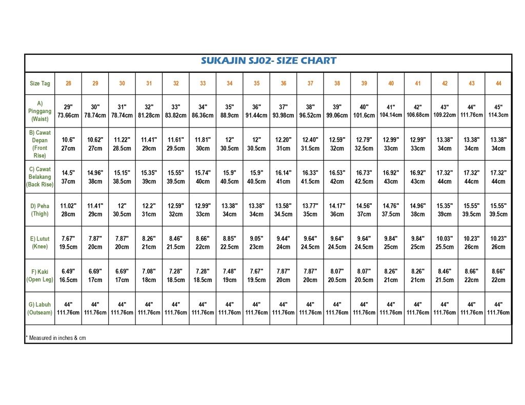 SJ02 - SIZE CHART