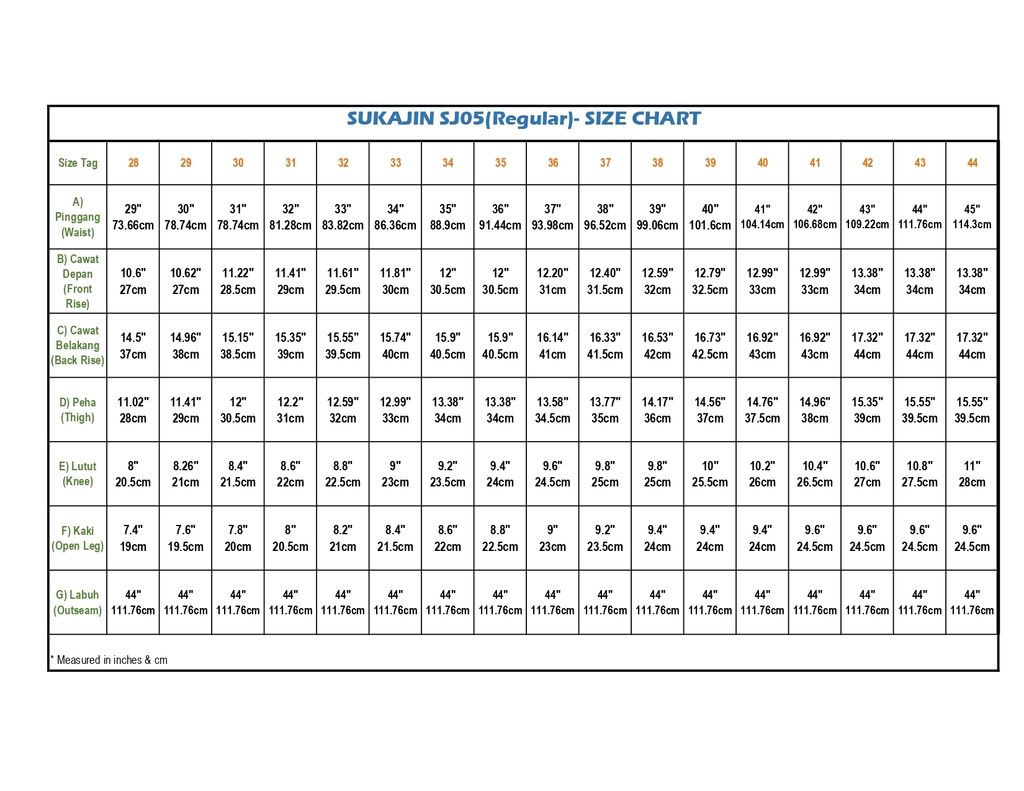 SJ05 SIZE CHART