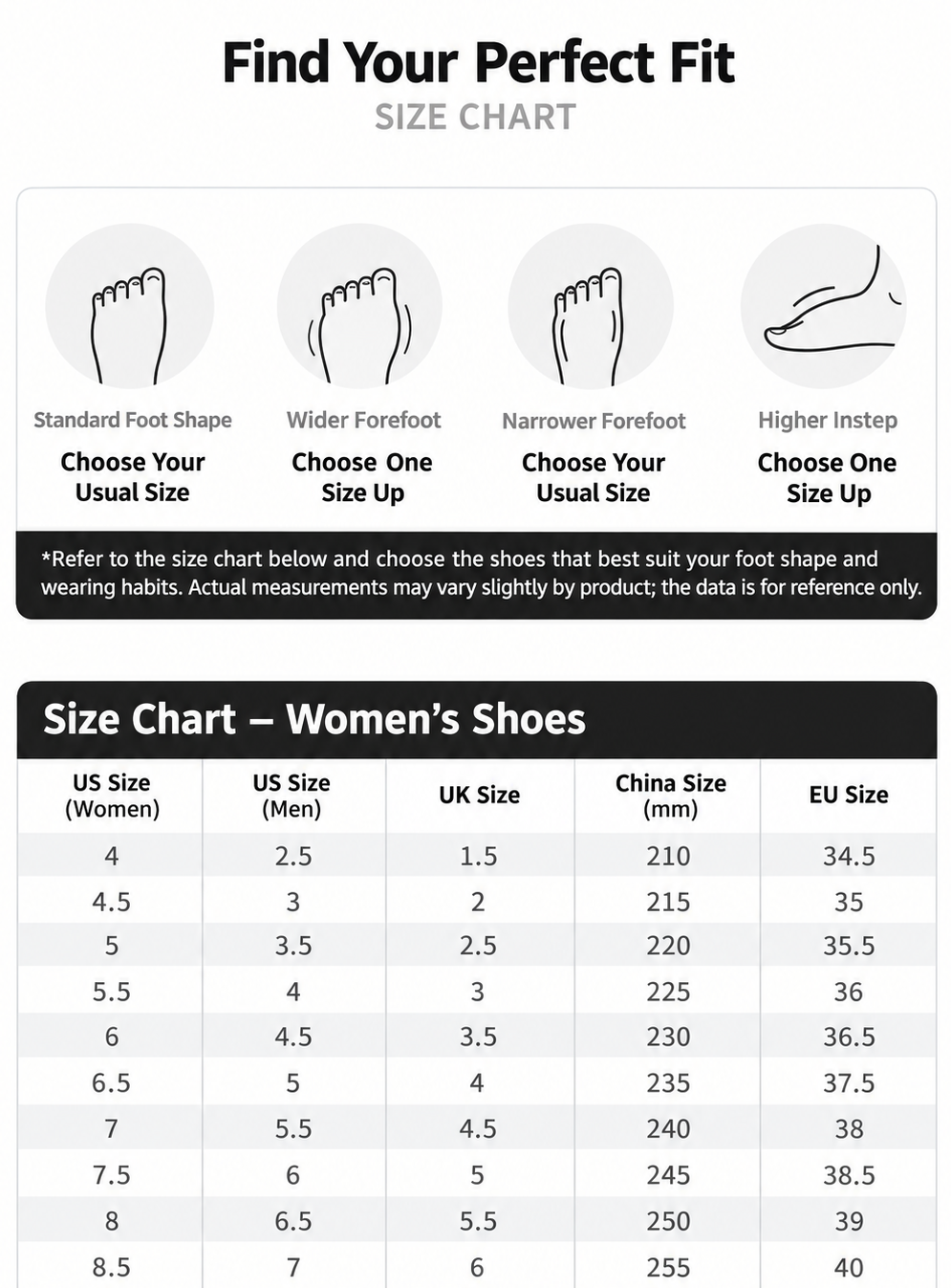 Women's Shoe Size Chart Guide