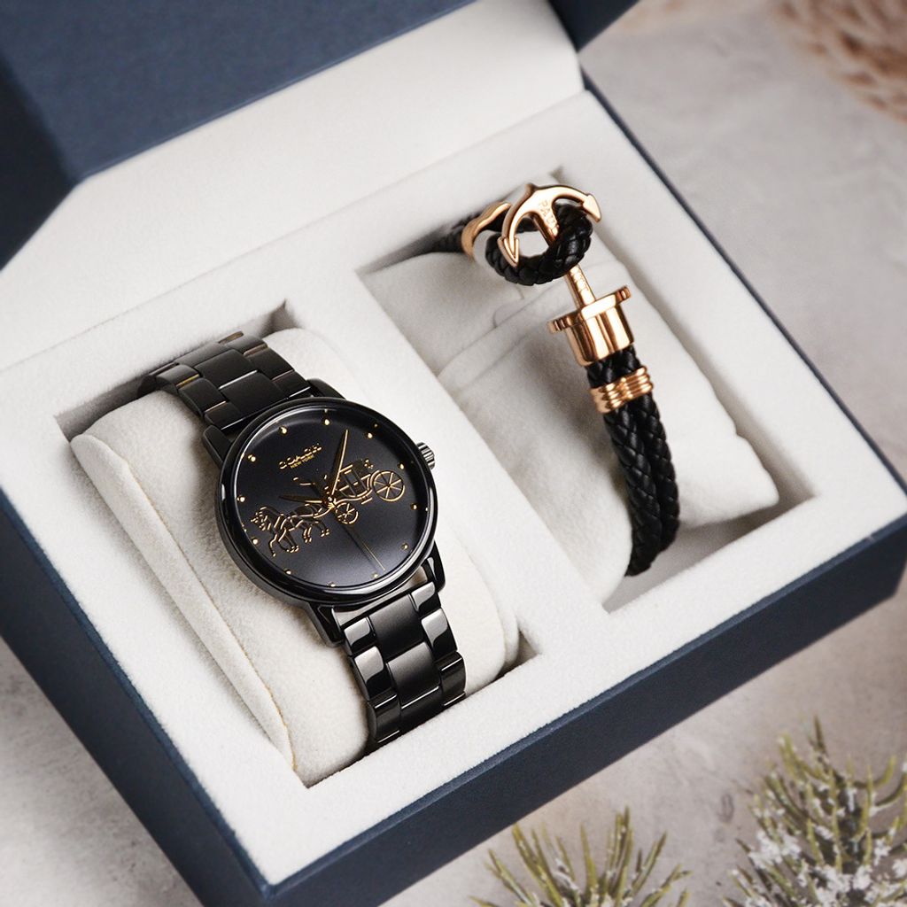 38女神節超值禮盒 | COACH手錶 14502925 + PH手環  PH-L-R | 黑色系經典小馬車不鏽鋼錶帶女錶 禮盒細節
