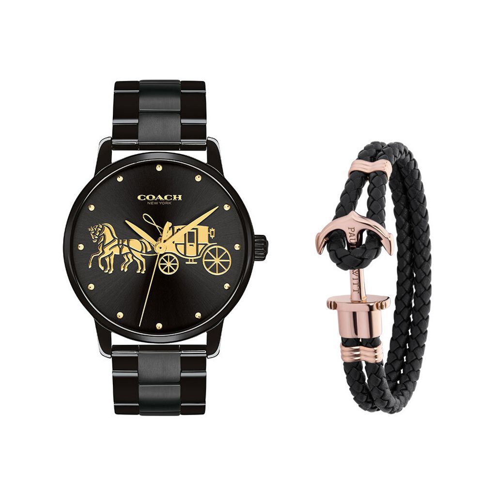 38女神節超值禮盒 | COACH手錶 14502925 + PH手環  PH-L-R | 黑色系經典小馬車不鏽鋼錶帶女錶 手錶手環組