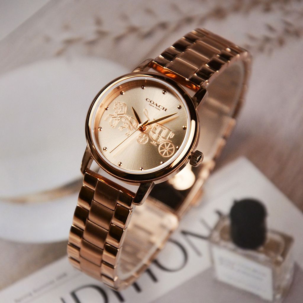 38女神節超值禮盒 | COACH手錶 14502977+ PH手環  PH-L-R | 玫瑰金色系經典小馬車不鏽鋼錶帶女錶 側面展示