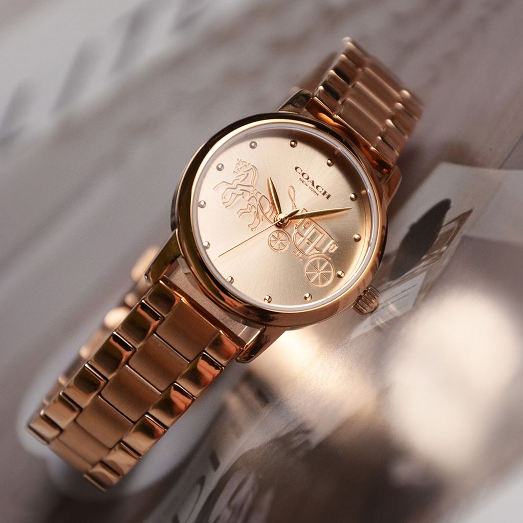 38女神節超值禮盒 | COACH手錶 14502977+ PH手環  PH-L-R | 玫瑰金色系經典小馬車不鏽鋼錶帶女錶 實體細節