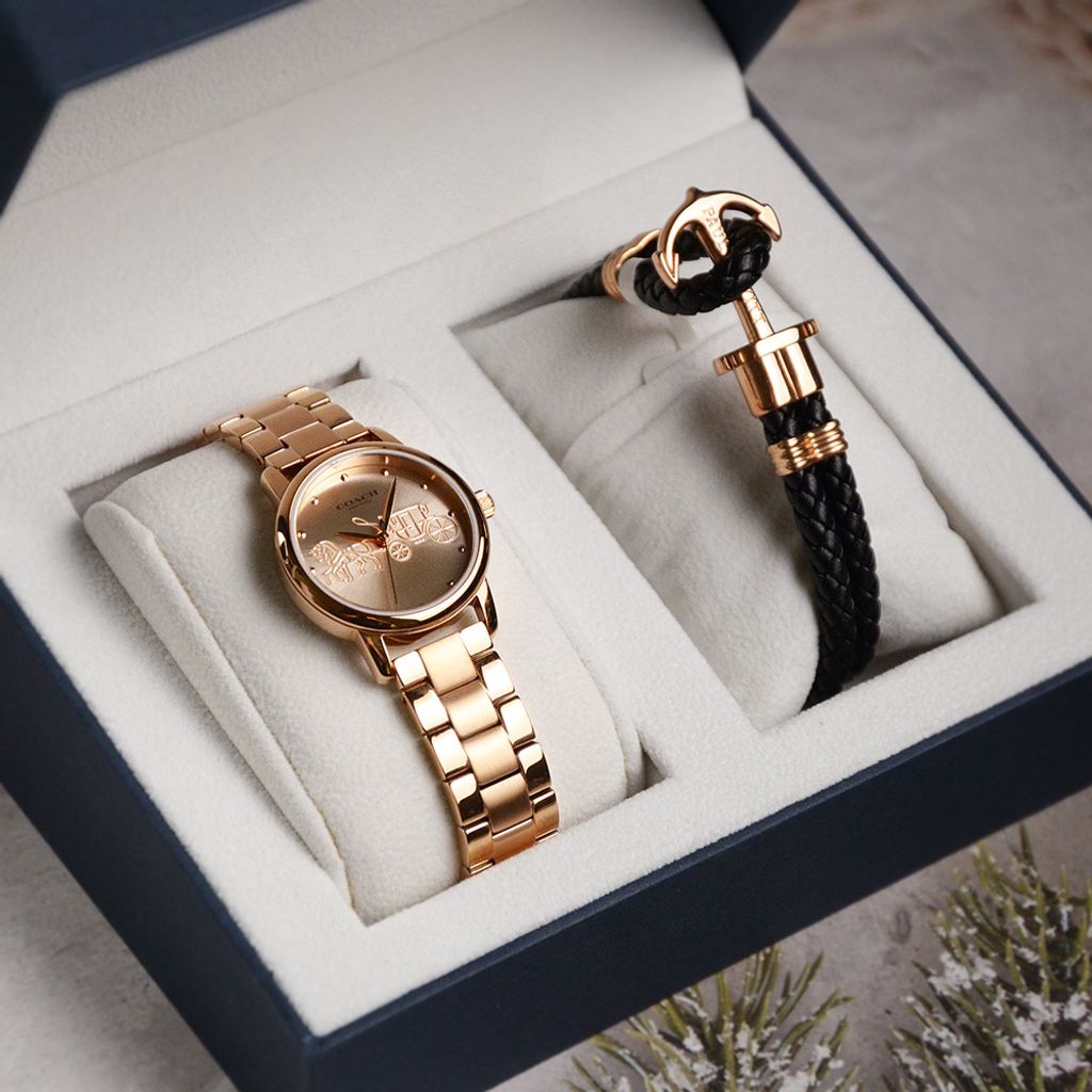 38女神節超值禮盒 | COACH手錶 14502977+ PH手環  PH-L-R | 玫瑰金色系經典小馬車不鏽鋼錶帶女錶 禮盒細節