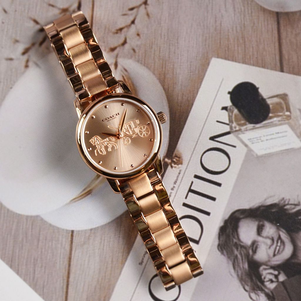 38女神節超值禮盒 | COACH手錶 14502977+ PH手環  PH-L-R | 玫瑰金色系經典小馬車不鏽鋼錶帶女錶 實體正面