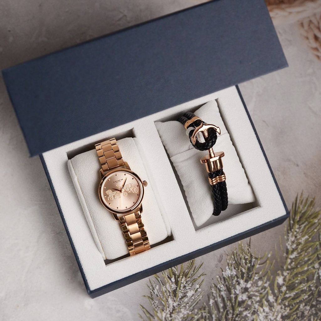 38女神節超值禮盒 | COACH手錶 14502977+ PH手環  PH-L-R | 玫瑰金色系經典小馬車不鏽鋼錶帶女錶 禮盒