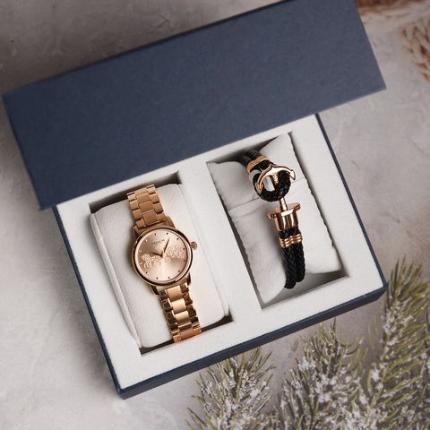 38女神節超值禮盒 | COACH手錶 14502977+ PH手環  PH-L-R | 玫瑰金色系經典小馬車不鏽鋼錶帶女錶 禮盒