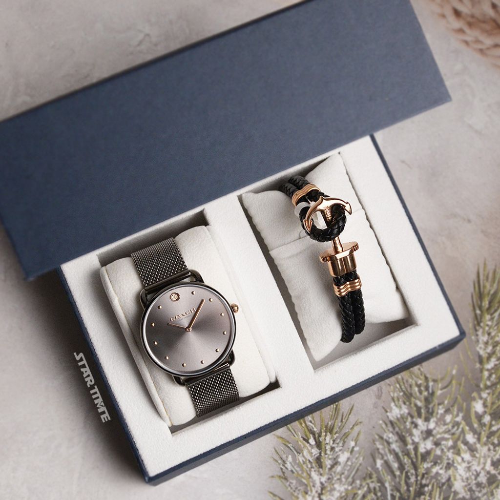 38女神節超值禮盒 | COACH手錶 14504210 + PH手環  PH-L-R | 鐵灰色山茶花米蘭錶帶腕錶 禮盒