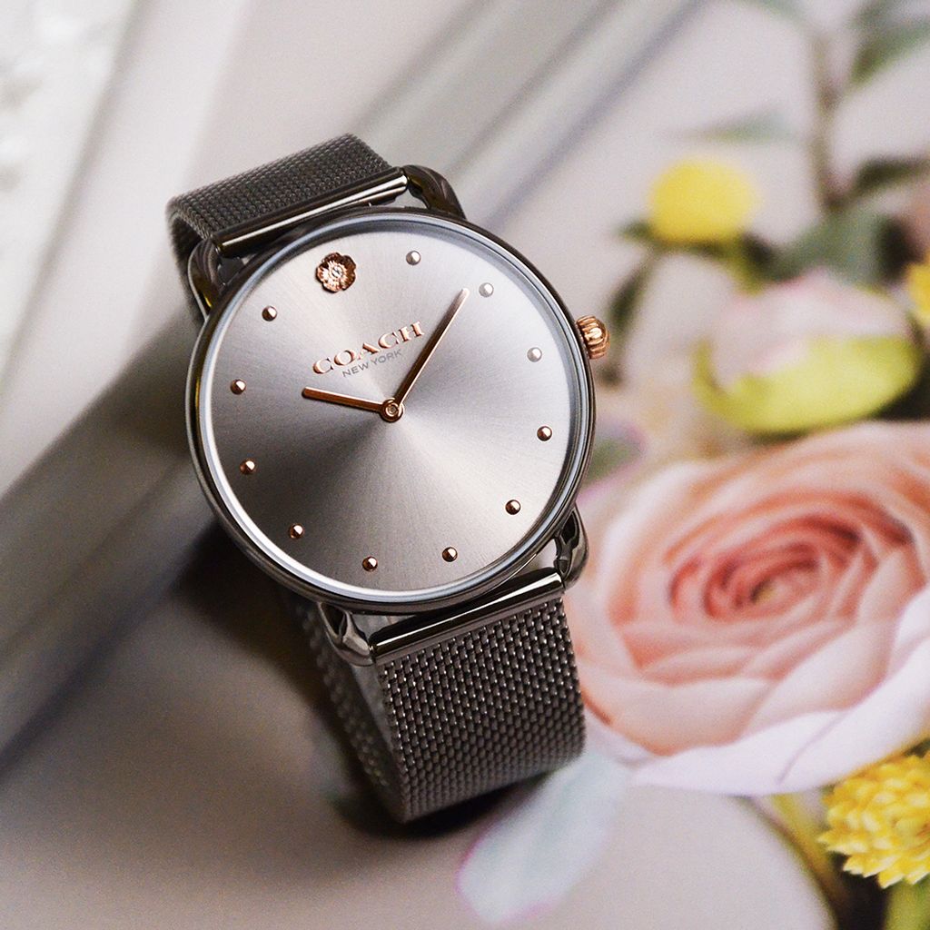 38女神節超值禮盒 | COACH手錶 14504210 + PH手環  PH-L-R | 鐵灰色山茶花米蘭錶帶腕錶 錶面細節