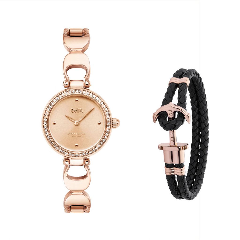 38女神節超值禮盒 | COACH手錶14503172 + PH手環 PH-L-R | 玫瑰金色系晶鑽C字手環式錶帶女錶 手錶+手環