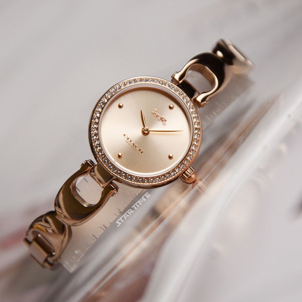 38女神節超值禮盒 | COACH手錶14503172 + PH手環 PH-L-R | 玫瑰金色系晶鑽C字手環式錶帶女錶 實體錶面細節