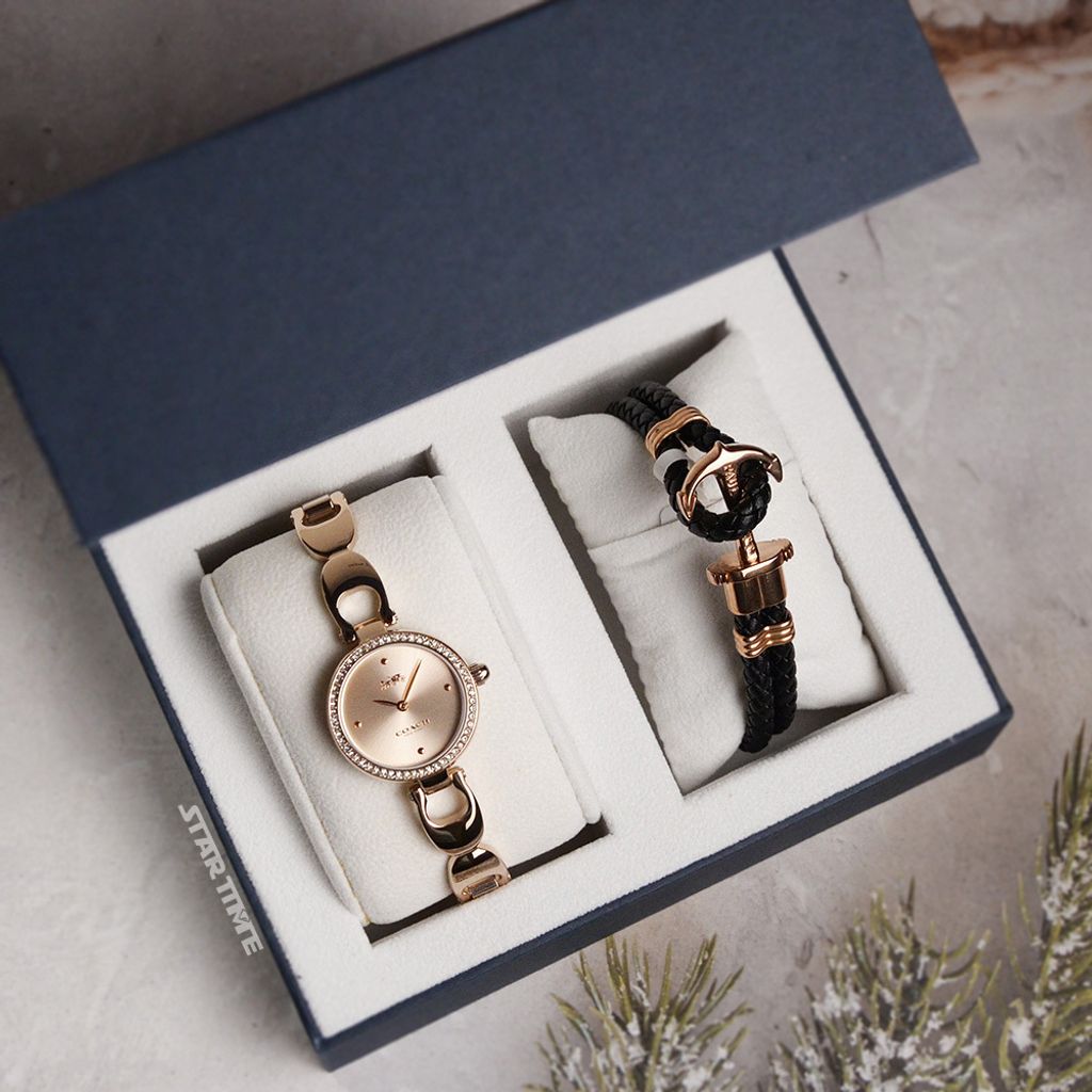 38女神節超值禮盒 | COACH手錶14503172 + PH手環 PH-L-R | 玫瑰金色系晶鑽C字手環式錶帶女錶 禮盒