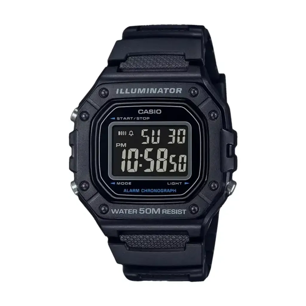 CASIO | W-218H-1BV | 黑色方形數位電子錶 學生必備 正面
