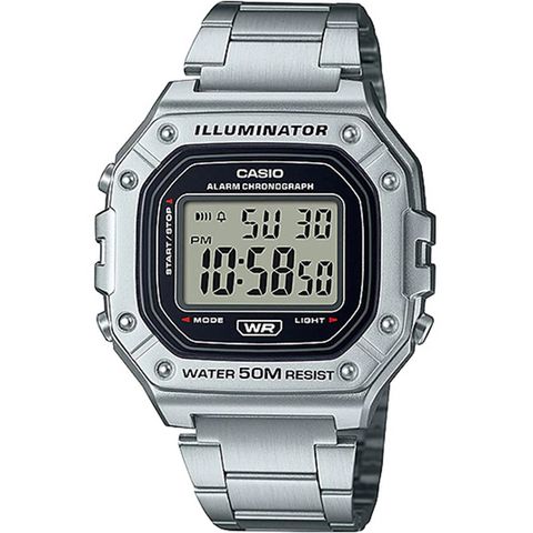 CASIO | W-218HD-1AV | 銀色 金屬感方形電子錶 正面