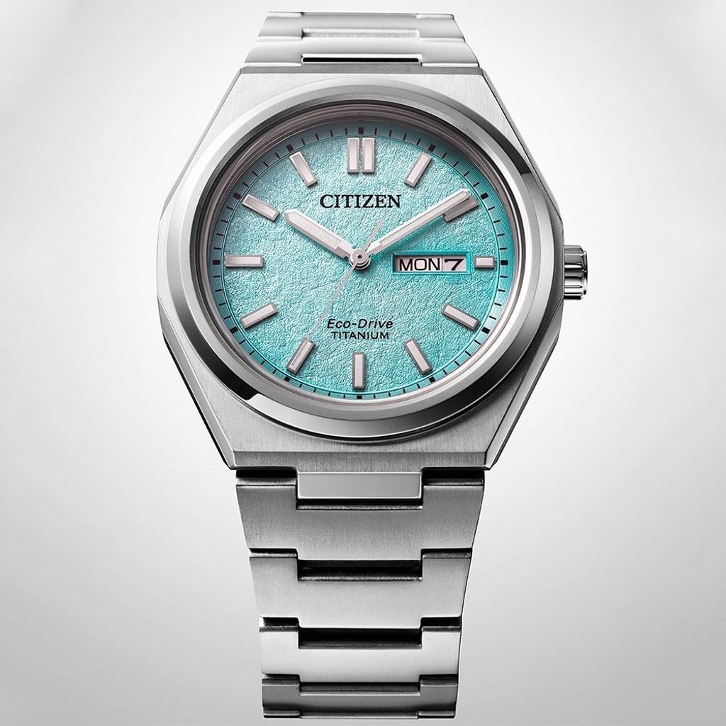 CITIZEN星辰 | GENT'S系列 AW0130-85M | 台灣限量 Zenshin 鈦金屬 湖水綠錶面 光動能手錶 正面俯視