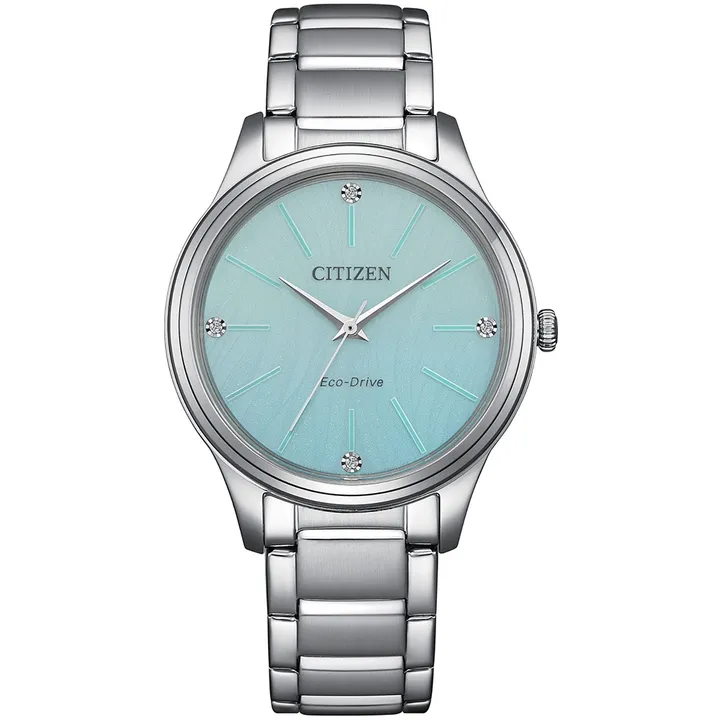 CITIZEN星辰 | LADY'S系列 EM1220-58Y |  光動能 藍綠色錶面 晶鑽清新女錶 正面