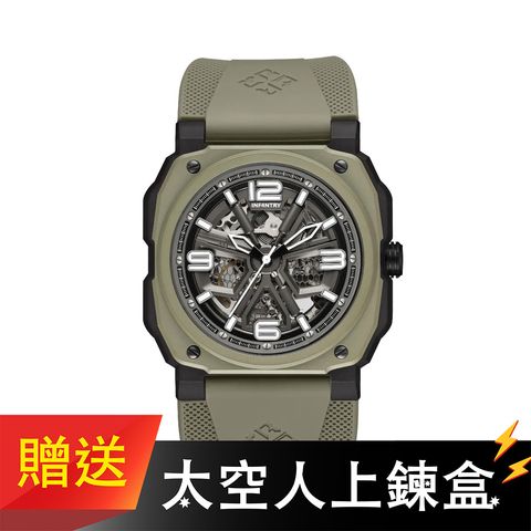 【贈太空人上鍊盒】INF4NTRY | REVO47-SKL01-GN | 綠色方殼 自動上鍊機械腕錶 機械鏤空 男錶