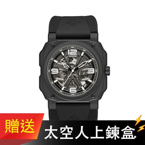 【贈太空人上鍊盒】INF4NTRY | REVO47-SKL01-BK | 黑色方殼 自動上鍊機械腕錶 機械鏤空 男錶