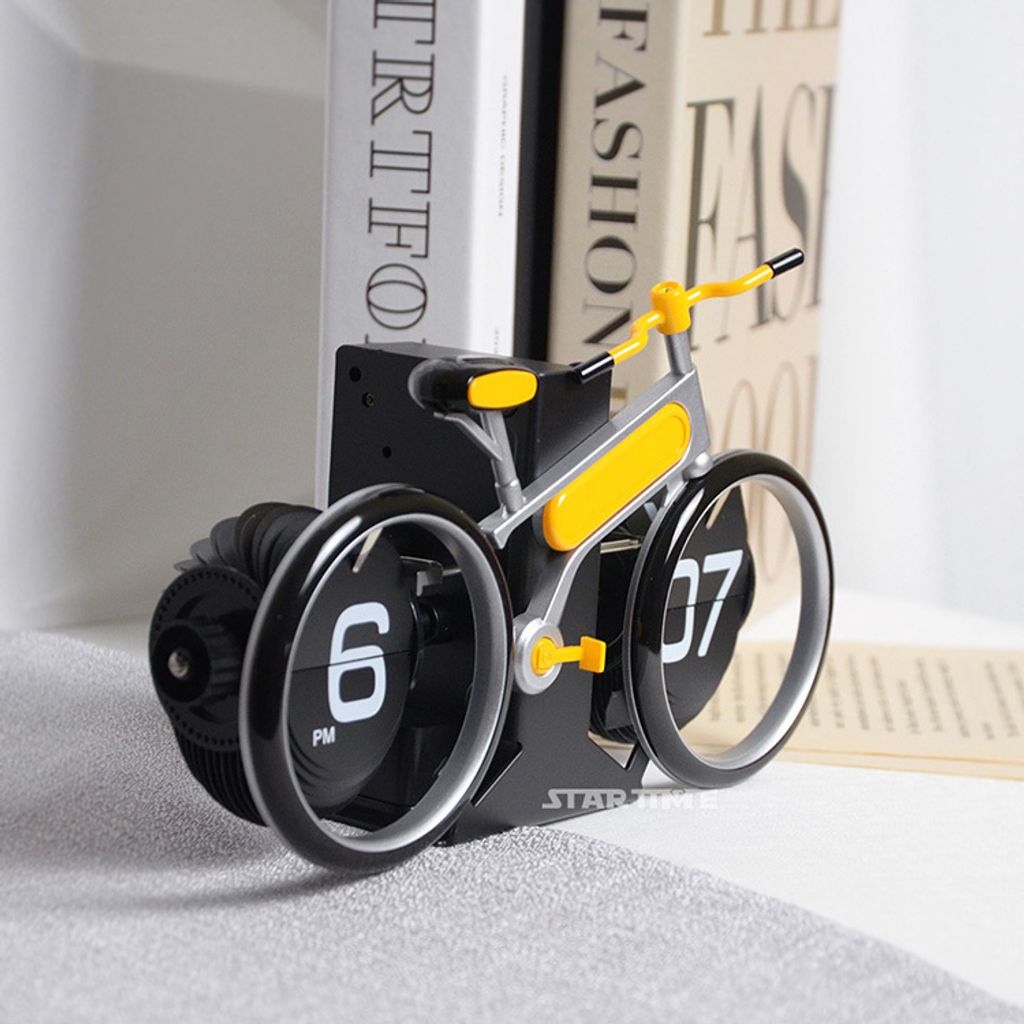 翻頁鐘 | HY-F117-Y | 黃色趣味自行車翻頁鐘 送禮首選 左側展示