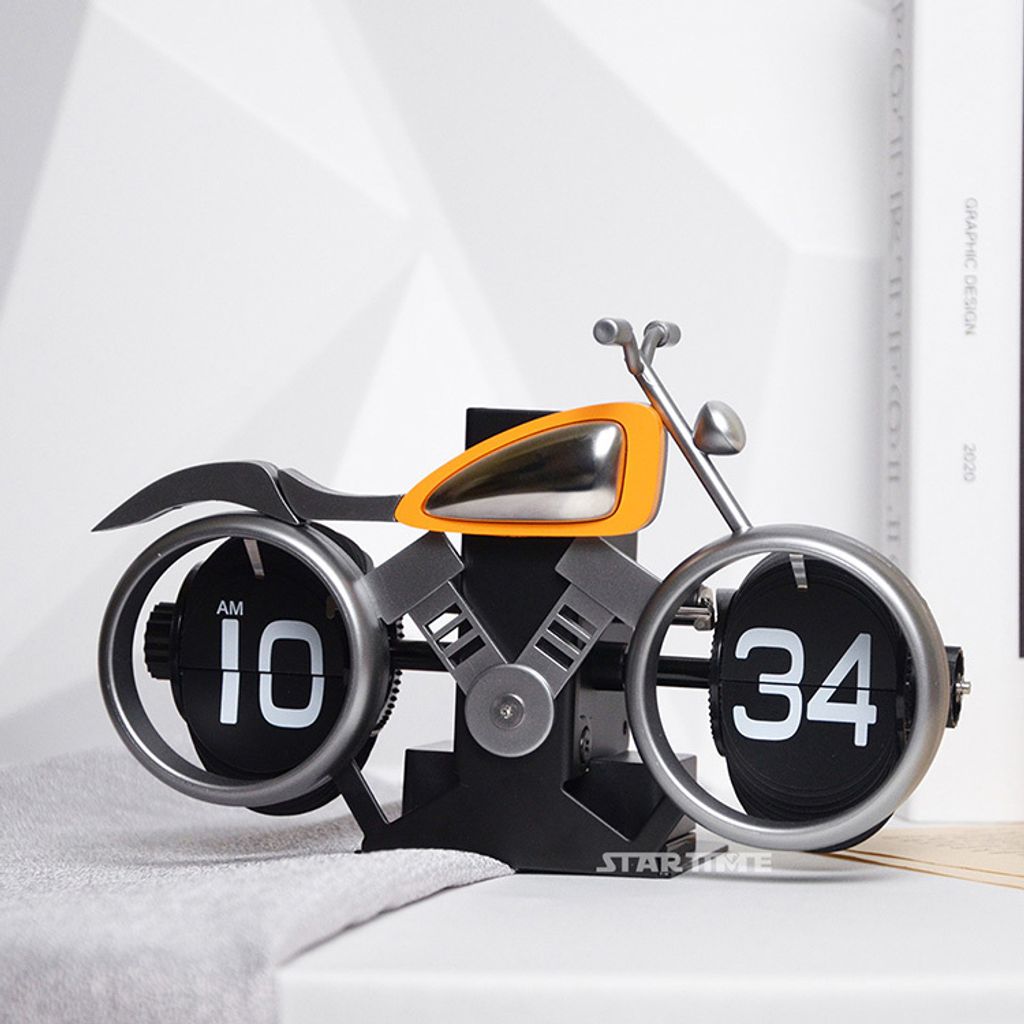 翻頁鐘 | PTC-M12-SO | 銀橘色 趣味摩托車翻頁鐘 正面