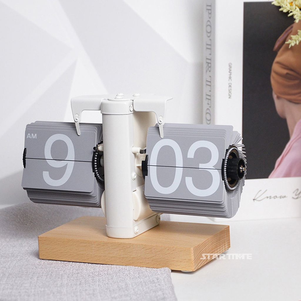 翻頁鐘 | PTC-BW12-WGRA | 白灰色 簡約櫸木底座翻頁鐘 右側